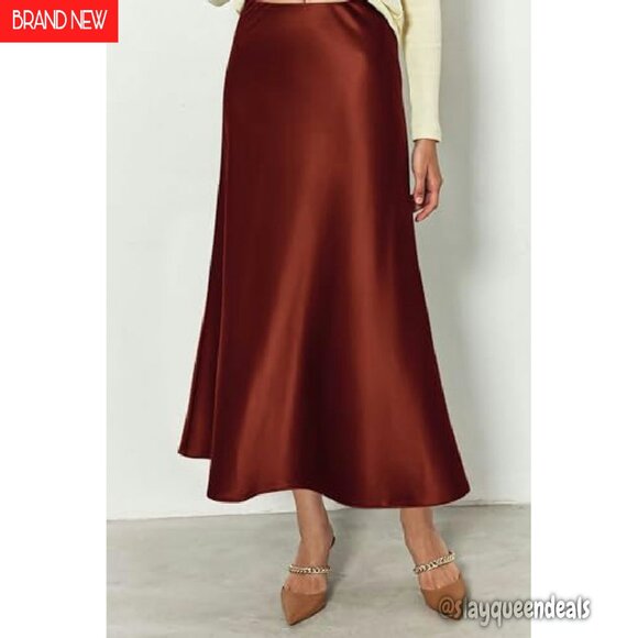 Satin Midi Skirt High Waisted A-Line Flowy Elegant Cocktail Wedding - Picture 4 of 8